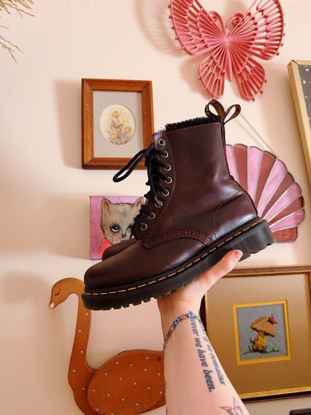 Dr. Martens Burgundy Leather Lace-Up Ankle Boots With Fur Lining